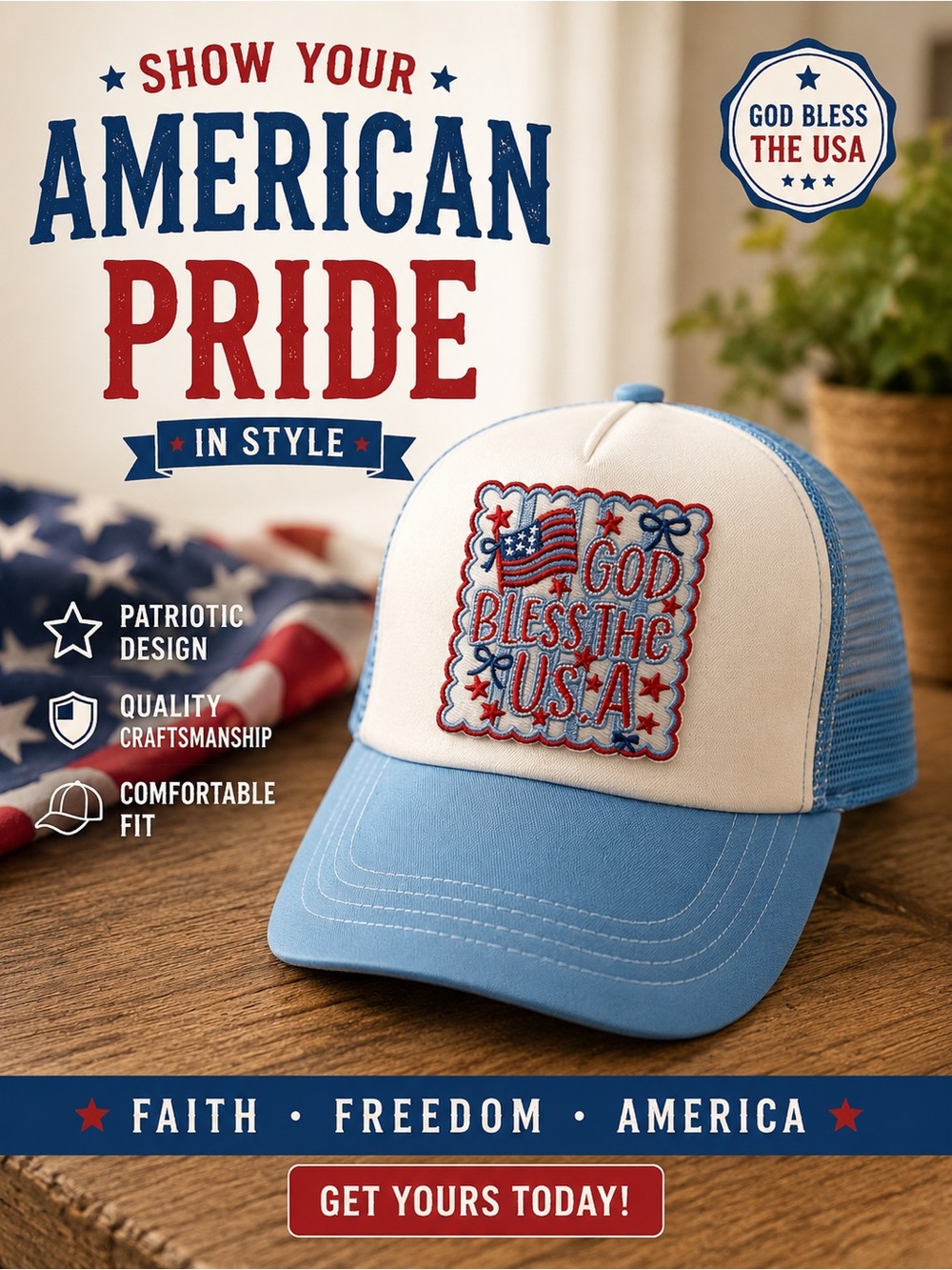 Amazon Patriotic Trucker Hat - Blue and Cream with Red Embroidery